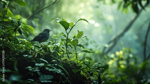  a bird sitting on top of a lush green forest filled with lots of green leafy plants and plants growing on the side of a hill. © Anna