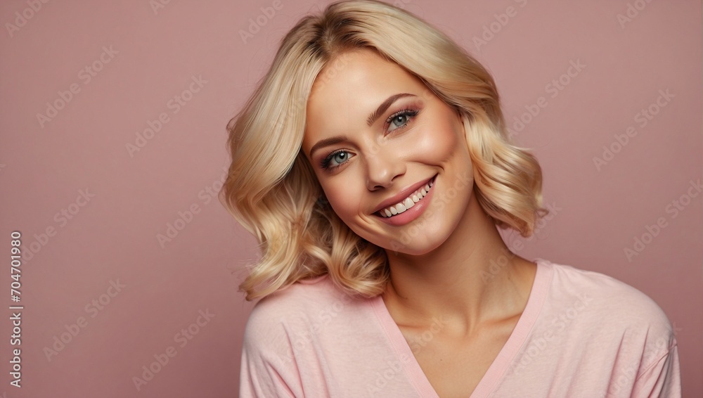 Fototapeta premium Portrait of young woman with blonde hair on a pink background. Generative AI