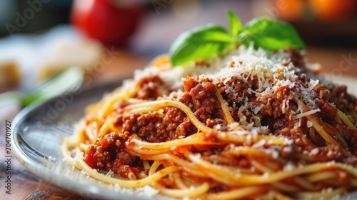  a close up of a plate of spaghetti with sauce and parmesan cheese on the top of the plate.
