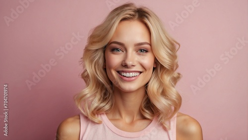 Portrait of young woman with blonde hair on a pink background. Generative AI © CZALBERTO