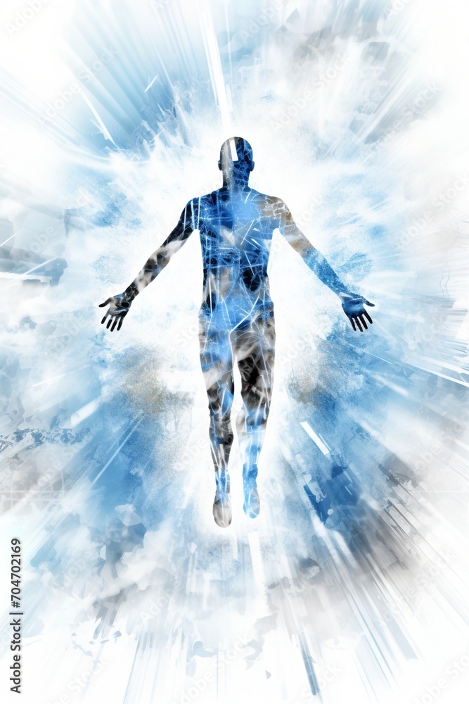 Blue translucent man transcending spacetime Blue translucent man transcending spacetime