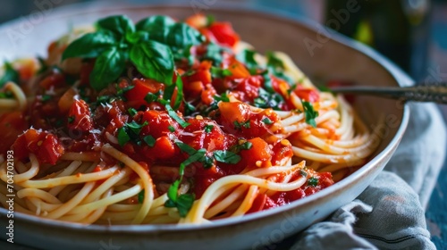  a close up of a plate of spaghetti with tomato sauce and parsley on the top of the pasta and garnished with parsley.