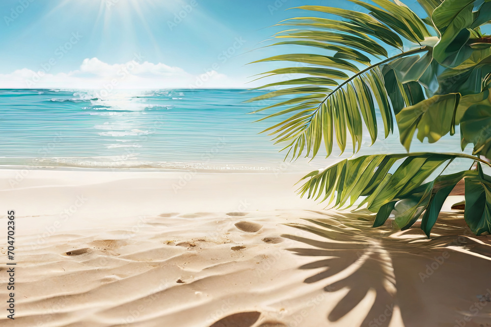 Fototapeta premium Serenity from above. Abstract sandy beach, blue waves, sunlit beauty. Summer vacation banner with spa-like natural allure. Ideal for relaxation.