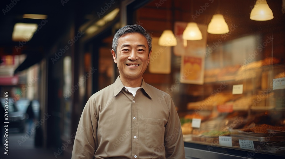 Fototapeta premium Asian middle age male standing in front of bakery