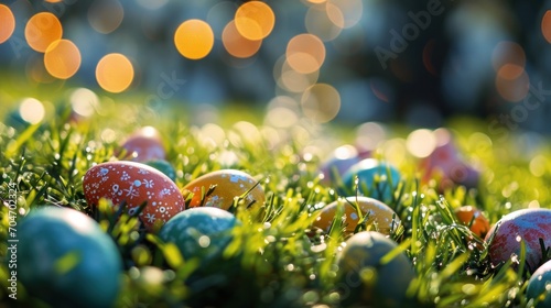  a close up of a bunch of eggs in the grass with a boket of light in the background.