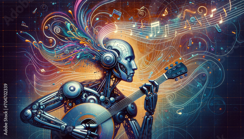 Futuristic AI Music Fusion: Metallic humanoid robot playing futuristic instrument with vibrant, high-contrast lighting. photo