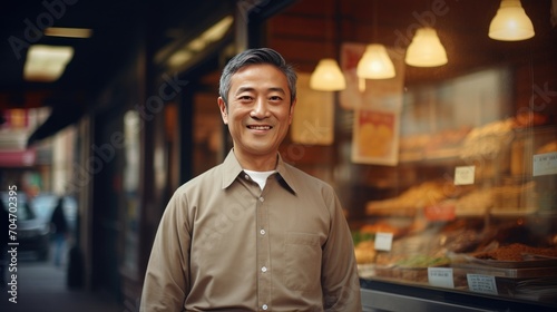 Asian middle age male standing in front of bakery