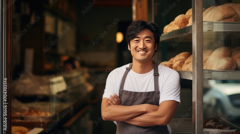 Asian middle age male standing in front of bakery Asian middle age male standing in front of bakery