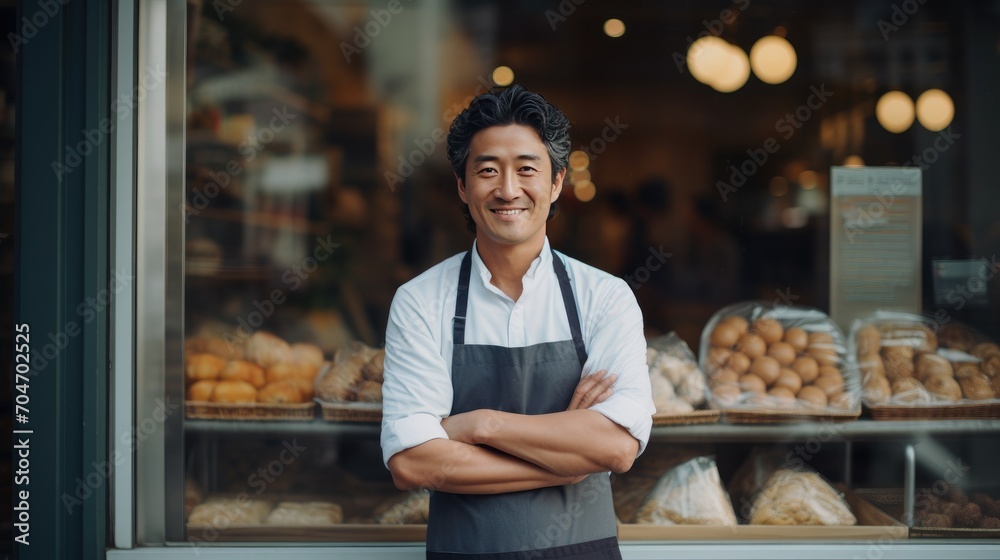 Asian middle age male standing in front of bakery Asian middle age male standing in front of bakery