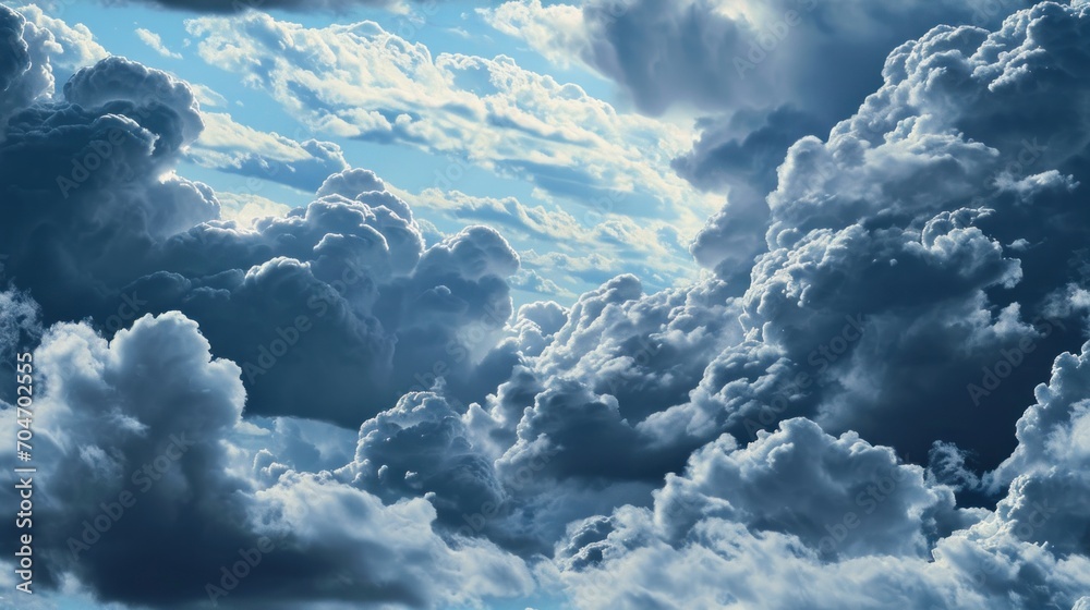 Naklejka premium a group of clouds in the sky with a plane flying in the middle of the picture and a plane in the middle of the picture.