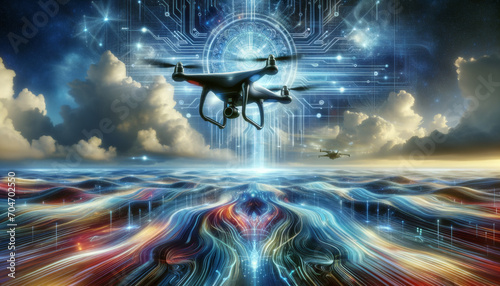 Futuristic AI drone hovering over vibrant psychic wave landscape.