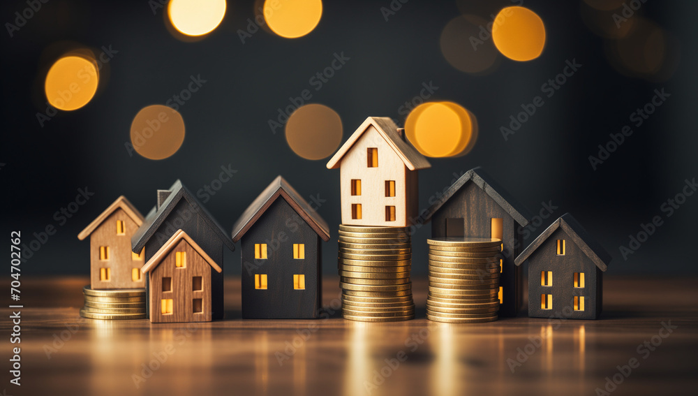 small wooden house models on top of coins created with Generative AI small wooden house models on top of coins created with Generative AI