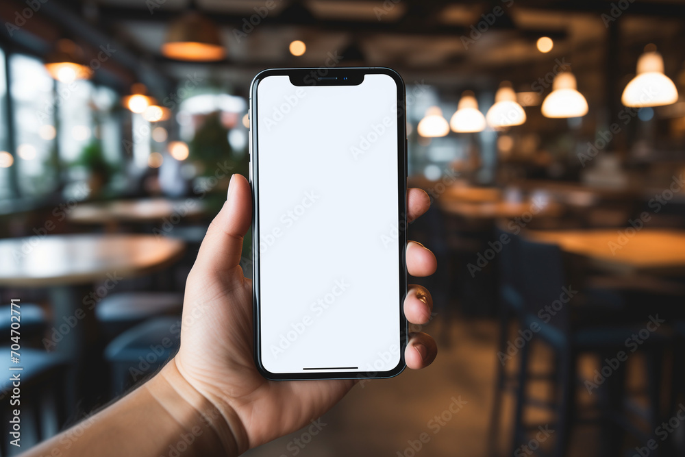 person holding a smartphone with empty screen for product presentation. Generative AI person holding a smartphone with empty screen for product presentation. Generative AI