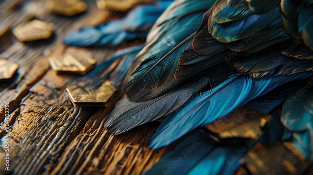 Vivid feathers on brown wooden backdrop with chamfered gold metal hexagons, Photography, detailed texture focus,