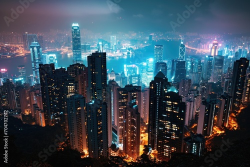 A bustling city skyline at night with illuminated skyscrapers
