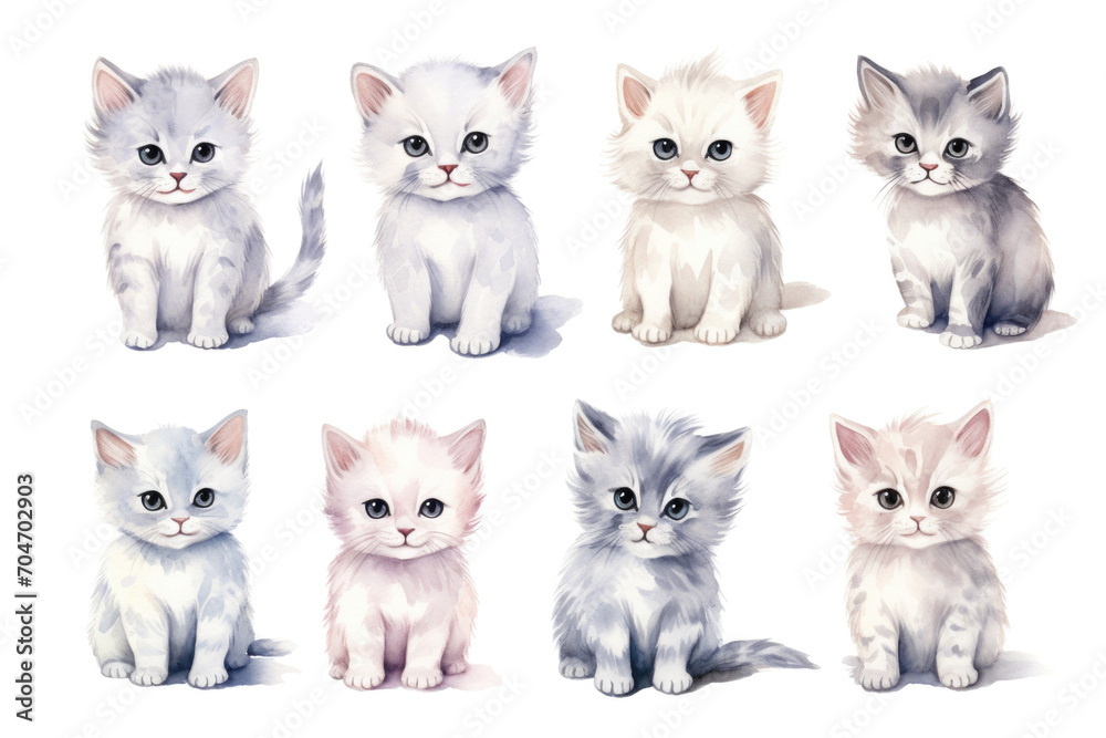 Set of watercolor fluffy kittens on white background