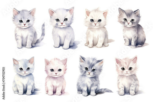Set of watercolor fluffy kittens on white background