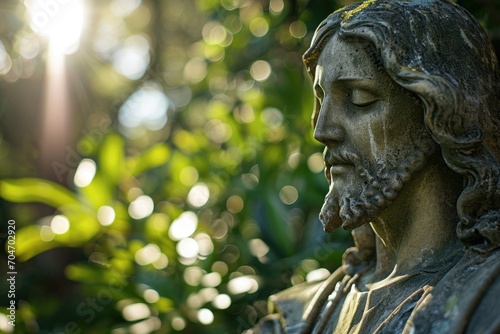 Close-up of Jesus Christ's figure in a garden statue, merging nature and spirituality