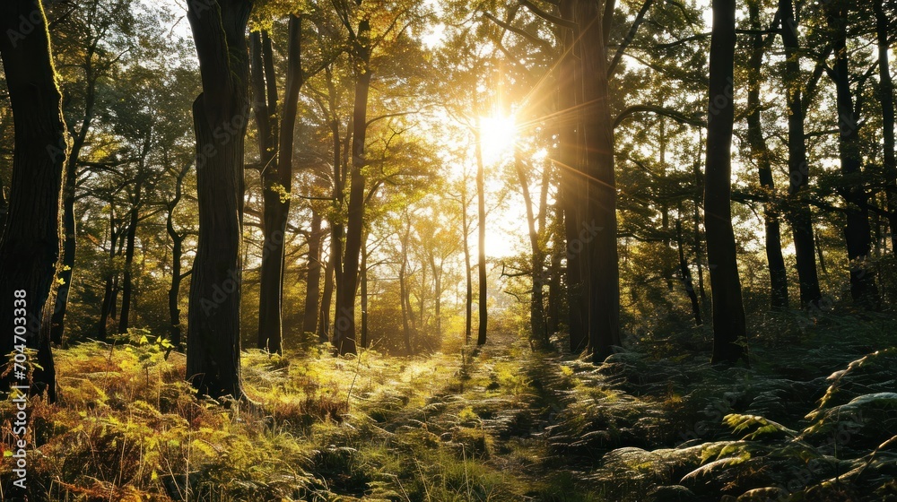  the sun shines through the trees in a forest filled with tall grass and tall grass growing on both sides of the path.