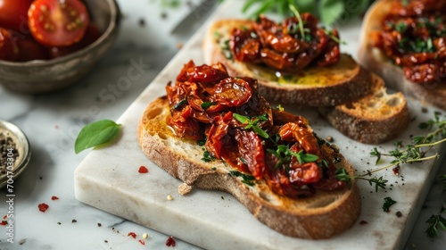 a white cutting board topped with slices of bread covered in marinara sauce and garnished with fresh herbs.