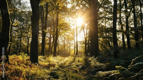  the sun shines through the trees in a forest filled with tall grass and tall grass growing on both sides of the path.