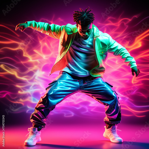Man dancing on the floor in the neon lights