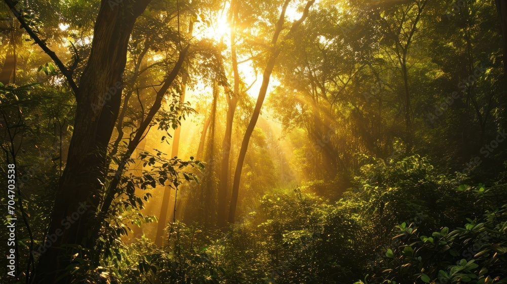 Obraz premium the sun shines through the trees in a forest filled with lush green plants and trees, while the sun shines through the trees in the distance.