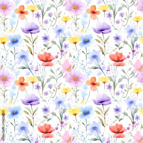 Seamless pattern with wild spring flowers on white background © Watercolor art