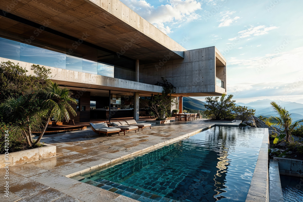 A luxurious, modern villa on a cliff with infinity pools overlooking the ocean and mountains. Stone and glass architecture, and a serene atmosphere create a high-end beachfront retreat.