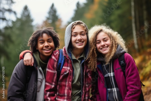 Three smiling teenagers in the woods