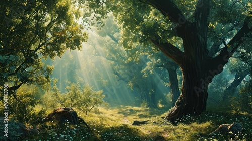  a painting of a forest scene with sunlight streaming through the trees and the sun shining through the canopy of the trees.
