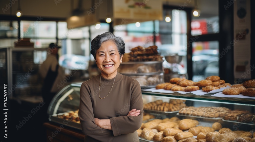 Asian senior female standing in front of bakery