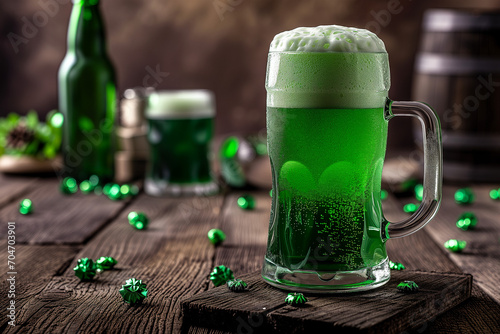 A frothy mug of green beer is prominently displayed on a wooden surface with scattered shamrock decorations and a blurred background featuring another glass and bottle.