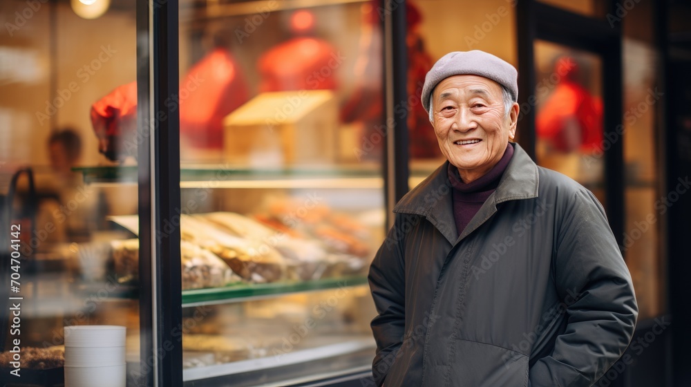 Asian senior male standing in front of bakery