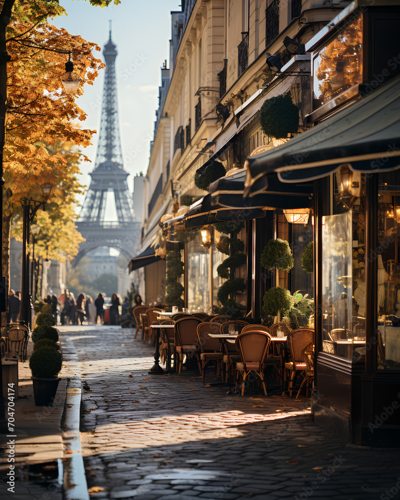 Streets of Paris during the autumn months with cafés 