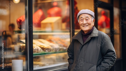 Wallpaper Mural Asian senior male standing in front of bakery Torontodigital.ca