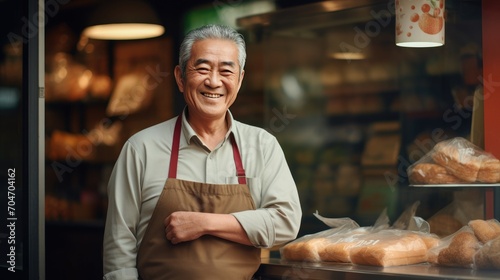 Asian senior male standing in front of bakery