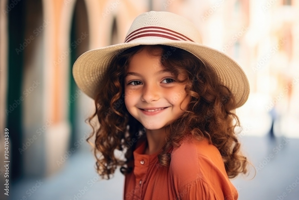 Cute curly girl in a hat with ribbon Cute curly girl in a hat with ribbon