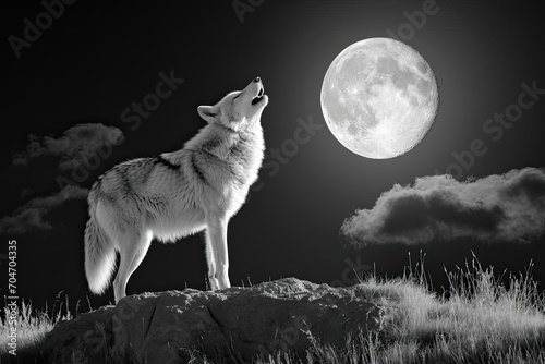 Lone wolf howling under a full moon Wild call