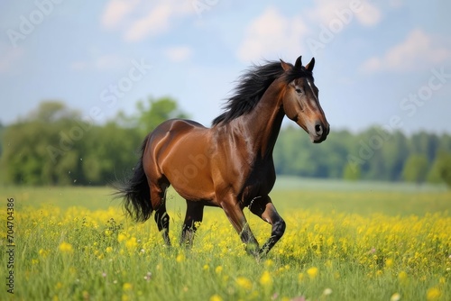 Majestic horse galloping across a green meadow Freedom