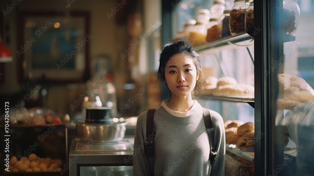 Asian young female standing in front of bakery Asian young female standing in front of bakery