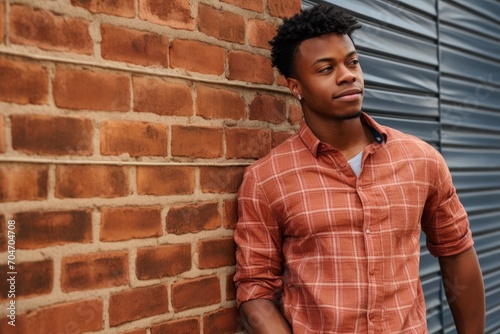 A young adult stands against a brick wall, wearing a stylish orange checkered shirt.