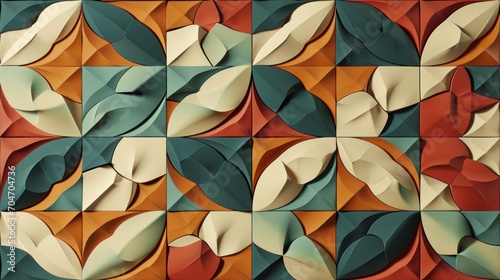  an abstract painting of leaves and leaves on a red  orange  green  yellow and blue background with a checkerboard pattern.