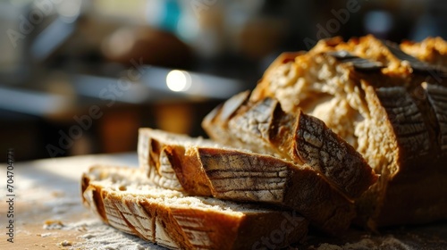  a close up of a loaf of bread on a table with another loaf of bread on the table in the background.