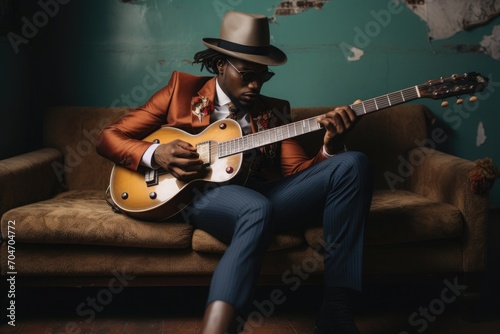 A musician in a rust-colored jacket, dark blue trousers and a classic hat plays an electric guitar photo