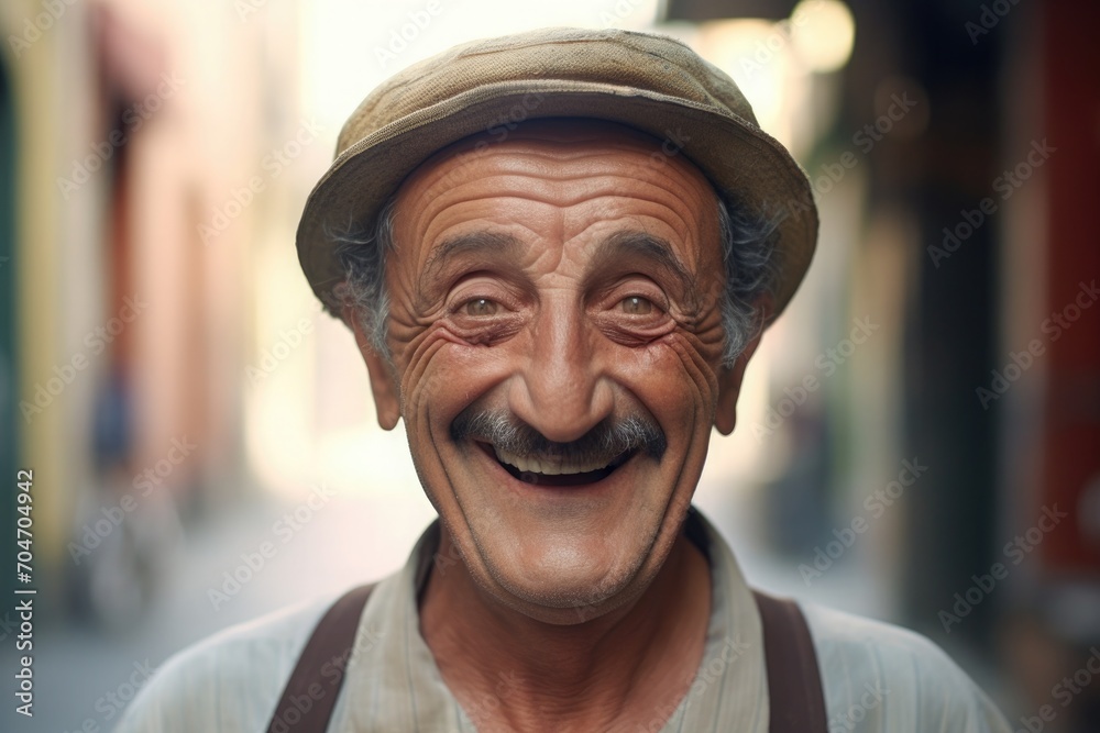Smiling face of an elderly man with a mustache in a beige flat cap and white shirt Smiling face of an elderly man with a mustache in a beige flat cap and white shirt