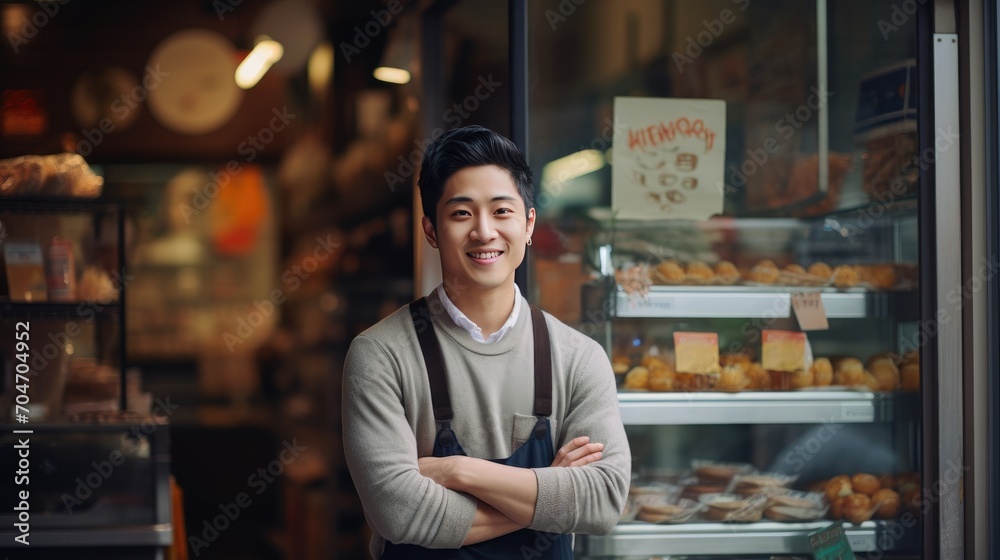 Asian young male standing in front of bakery