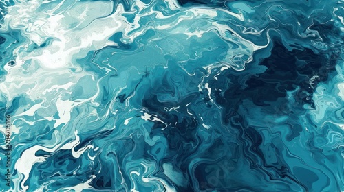  a painting of blue and white swirls on a blue and white background with a black and white stripe at the bottom of the image.