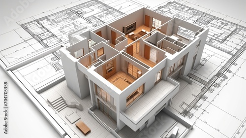3d building model on architecture blueprint, Generative AI