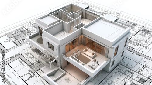 3d building model on architecture blueprint, Generative AI
